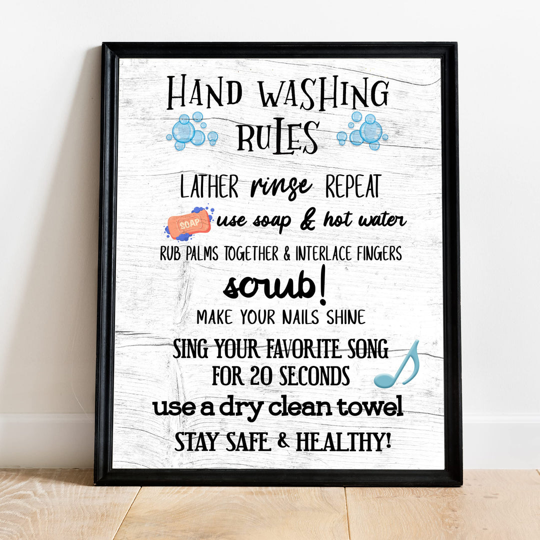 Hand Washing Rules-Lather, Rinse, Repeat- Fun Bathroom Wall Sign- 11x14" Rustic Art Print -Ready to Frame. Funny Home &amp; Bathroom Decor- Housewarming Wall Print. Perfect For Guests &amp; Kids Bathrooms.