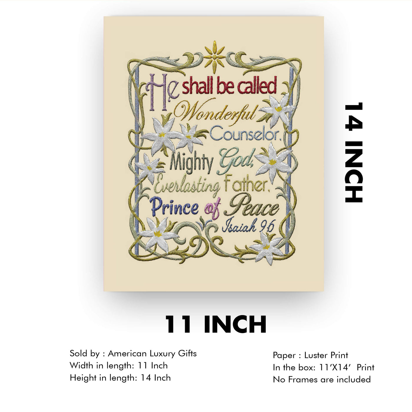 Isaiah 9:6-"He Shall Be Called Wonderful Counselor" Bible Verse Wall Art -11 x 14" Scripture Wall Print w/Replica Embroidery Design- Ready to Frame. Christian Home-Office-Sunday School-Church Decor.