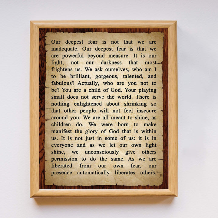 Our Deepest Fear-We Are Powerful Beyond Measure Inspirational Wall Art -11 x 14" Typographic Christian Print-Ready to Frame. Distressed Parchment Design. Motivational Home-Office-Church-Dorm Decor.