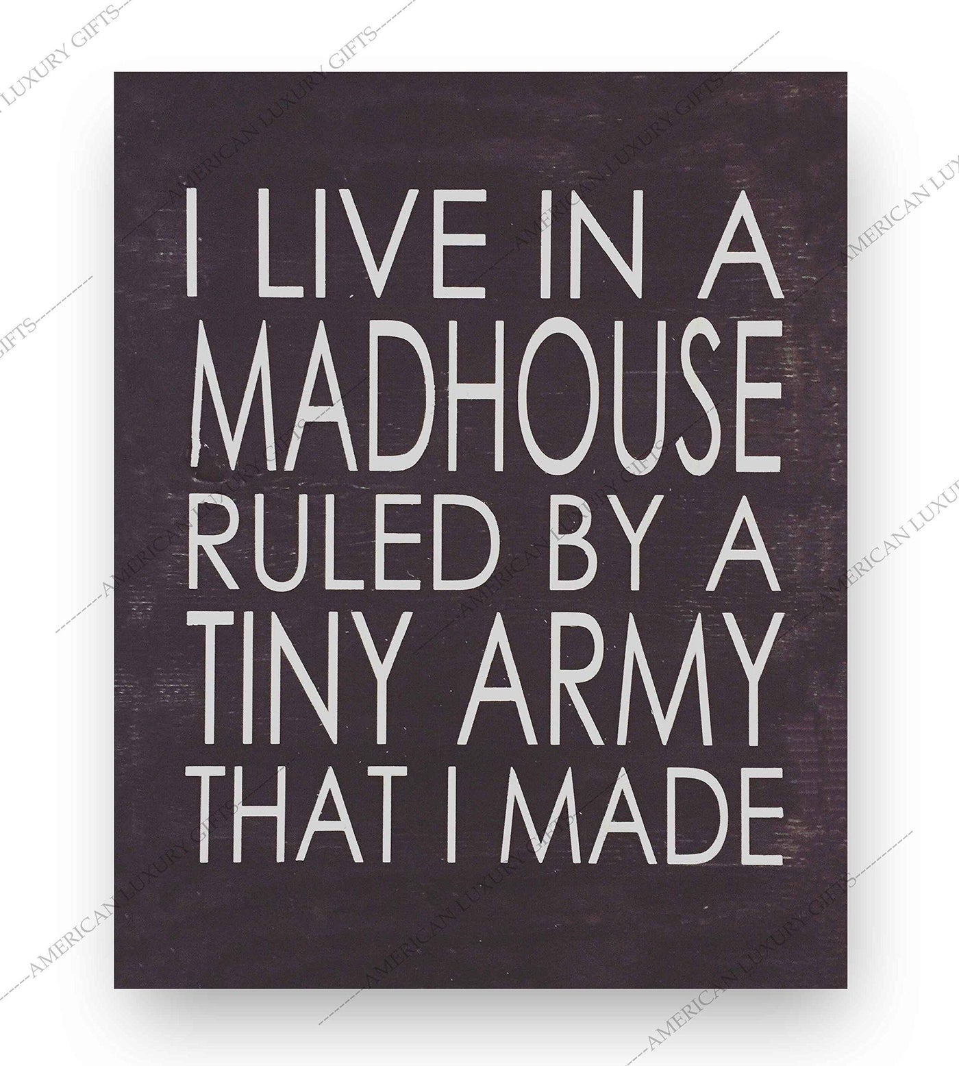 I Live In A Madhouse Ruled By A Tiny Army Funny Wall Sign -8 x 10" Rustic Typographic Art Print-Ready to Frame. Humorous Family Decor for Home-Farmhouse. Great Parenting Sign and Fun Gift for ALL!