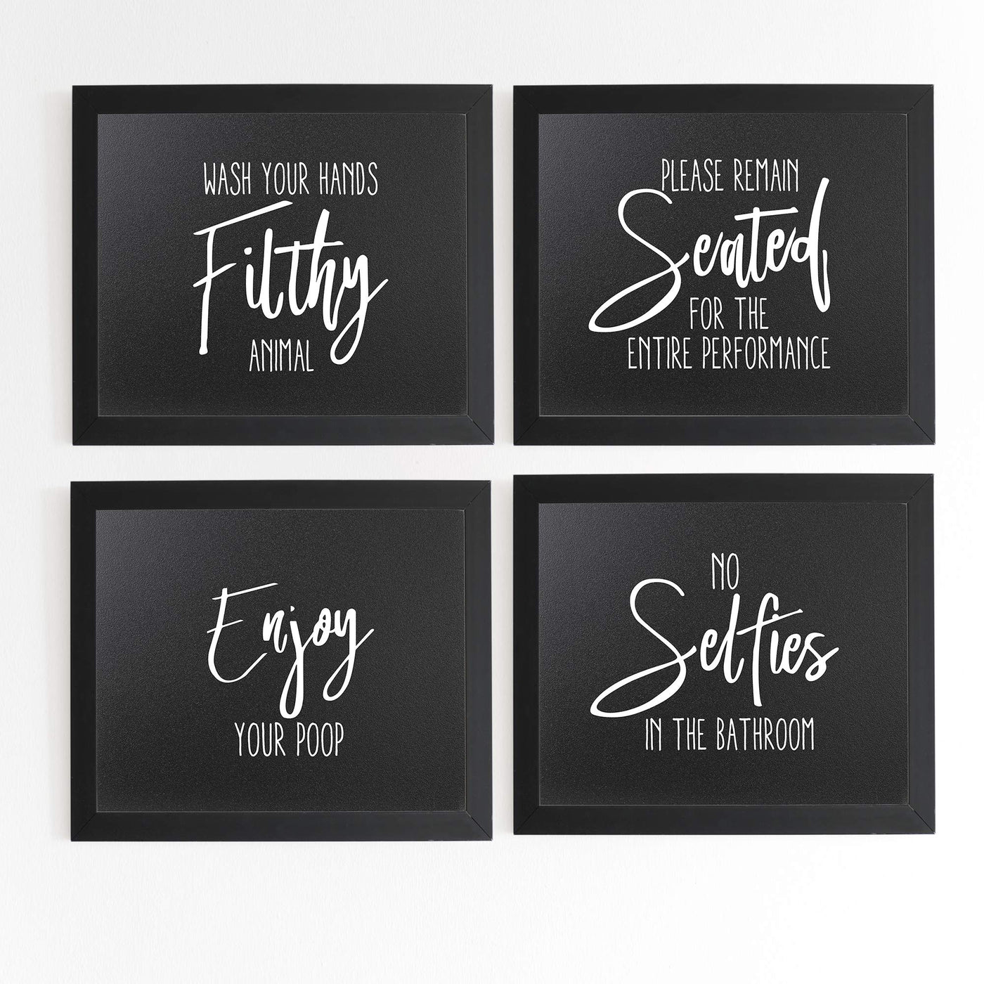 Wash Your Hands Filthy Animal Funny Bathroom Signs-Set of (4)-10 x 8" Wall Prints-Ready to Frame."No Selfies in the Bathroom"-"Enjoy Your Poop"-"Please Stay Seated" Fun Home-Guest Bathroom Decor!