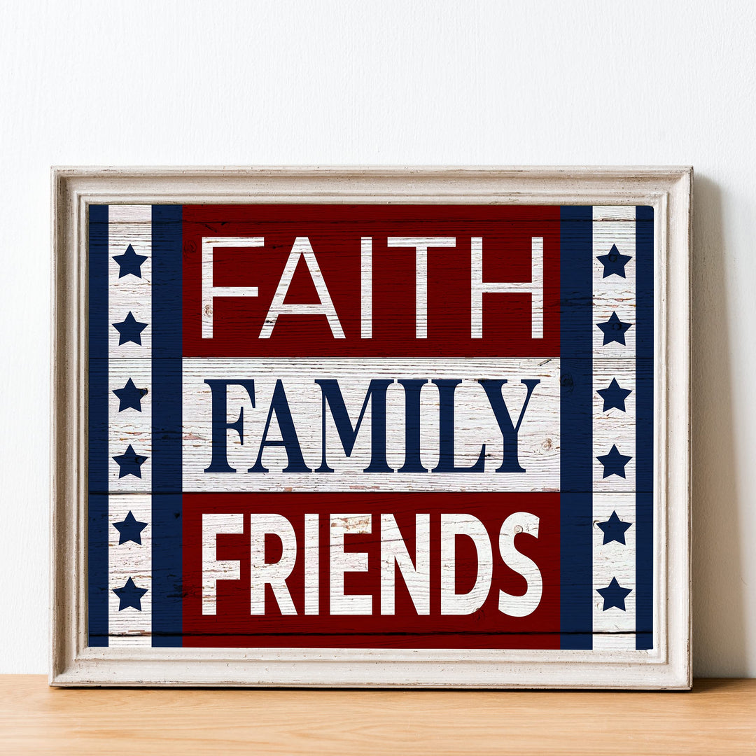 Faith-Family-Friends-Patriotic American Flag Print-14x11" Motivational Farmhouse Poster Print-Ready to Frame. Inspirational Home-Office-Christian-Welcome Decor. Great Gift! Printed on Photo Paper.