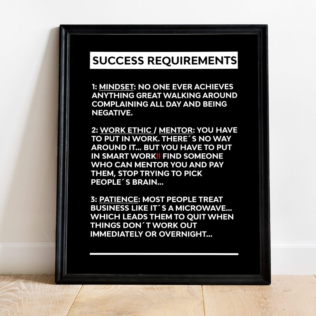 Success Requirements-Motivational Wall Art Sign -11 x 14" Inspirational Poster Print-Ready to Frame. Modern Typographic Design. Home-Office-Business-Dorm-Classroom Decor. Great Successful Tips!