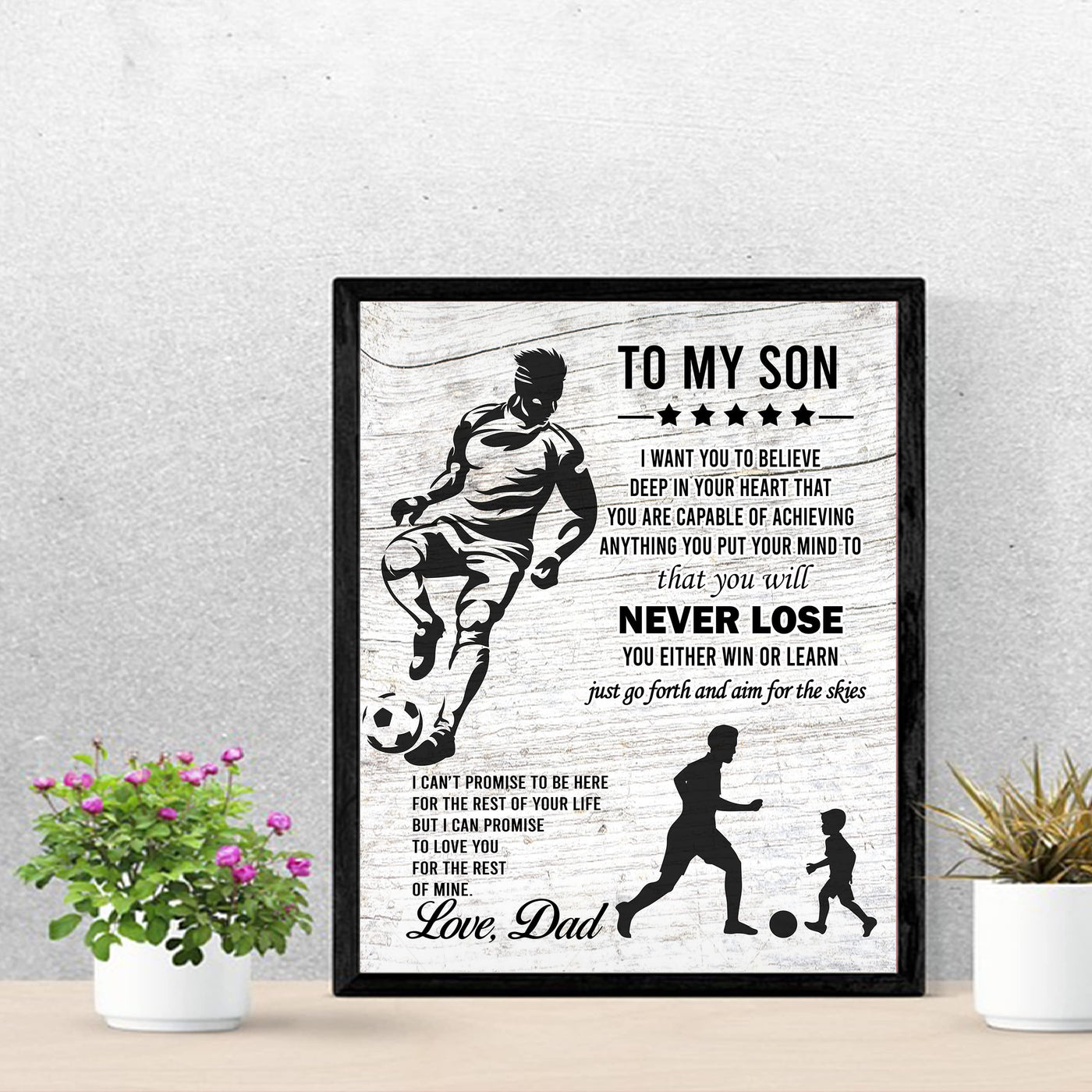 "To My Son -Never Lose- Win or Learn" Inspirational Family Wall Art Sign -11x14" Typographic Sports Poster Print -Ready to Frame. Loving Message for Any Son. Great Keepsake Gift Love Dad!