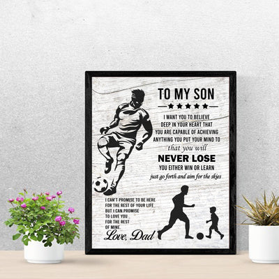 "To My Son -Never Lose- Win or Learn" Inspirational Family Wall Art Sign -11x14" Typographic Sports Poster Print -Ready to Frame. Loving Message for Any Son. Great Keepsake Gift Love Dad!