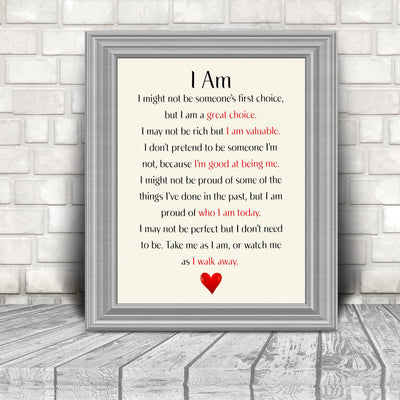 I Am Valuable- Inspirational Quotes Wall Art Print -10x8"-Ready to Frame. Motivational Word Wall Sign. Home-Office-School Decor. Great Sign For Building Confidence!