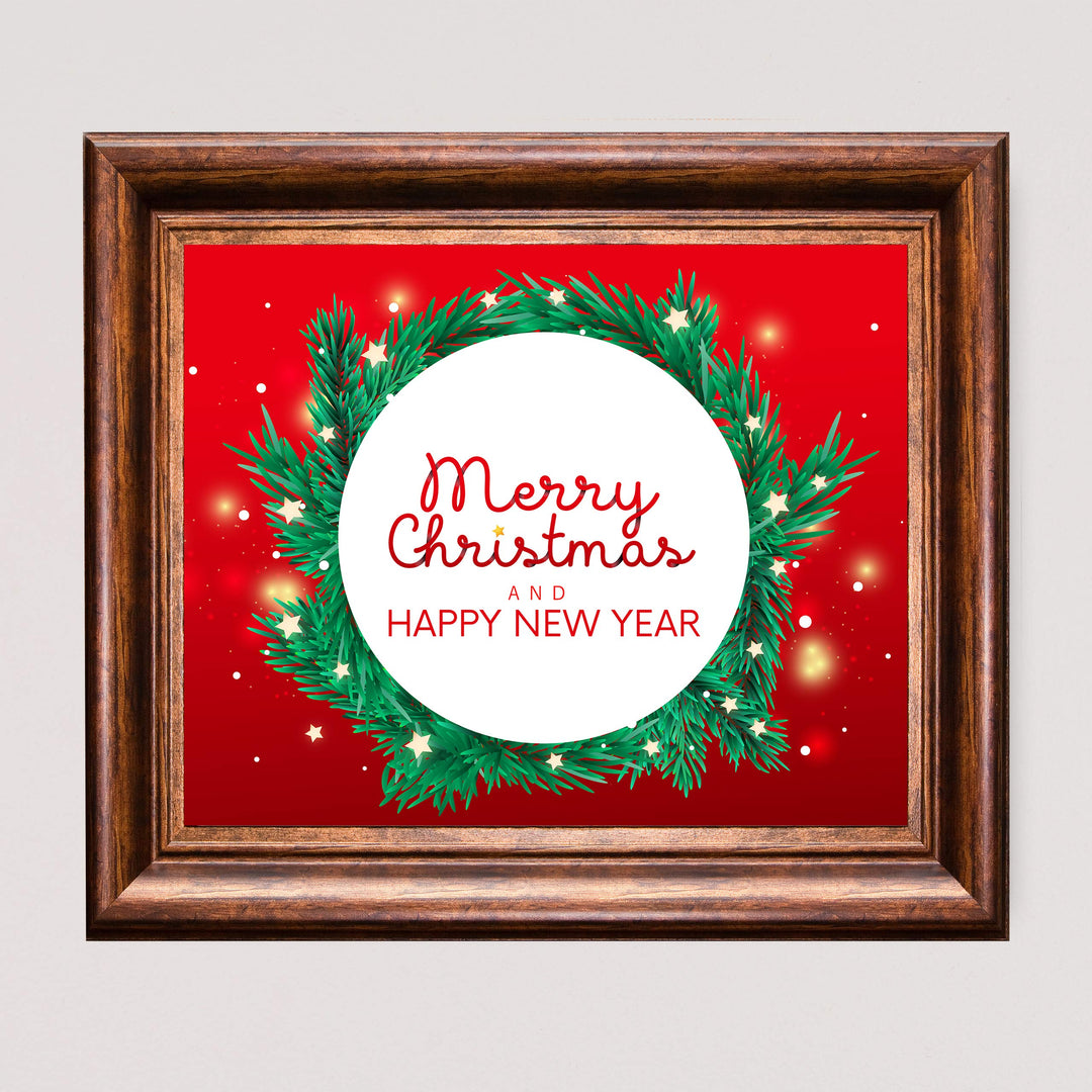 Merry Christmas &amp; A Happy New Year Holiday Decor Wall Art -10 x 8" Modern Christmas Wreath Art Print-Ready to Frame. Festive Home-Kitchen-Farmhouse Decor. Perfect Welcome Sign-Winter Decoration!