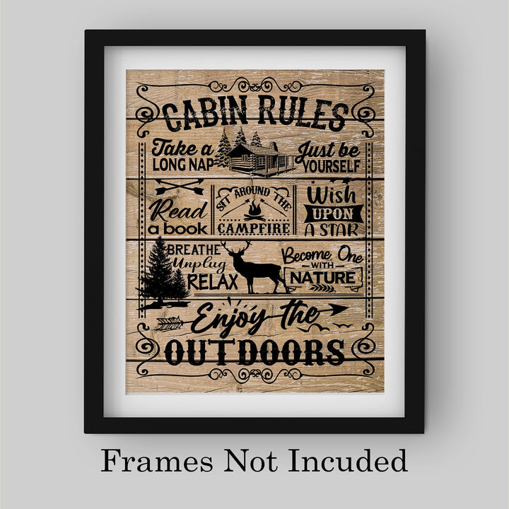 Cabin Rules- Rustic Wall Decor -8 x 10" Replica Distressed Wood Print-Ready to Frame. Perfect Wall Decor for Lake House-Lodge. Great Reminders to Relax and Enjoy Life! Printed on Photo Paper.