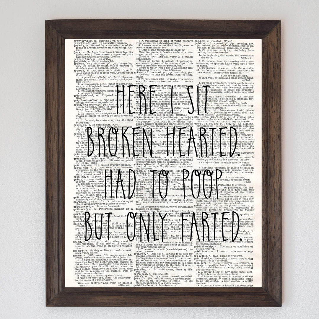 Funny Bathroom Wall Art-"Here I Sit Broken Hearted-Had to Poop-Only Farted"-8 x 10" Modern Newspaper Design Art Print-Ready to Frame. Humorous Decor for Home-Guest Bathroom. Great Housewarming Gift!