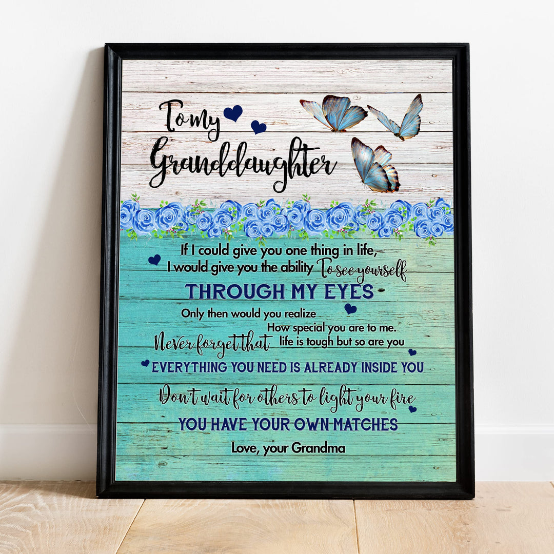 To My Granddaughter - Love Grandma Inspirational Love &amp; Family Wall Sign -11 x 14" Floral Butterfly Art Print w/Heart Images -Ready to Frame. Home-Bedroom Decor. Keepsake Gift for Teens &amp; Girls!