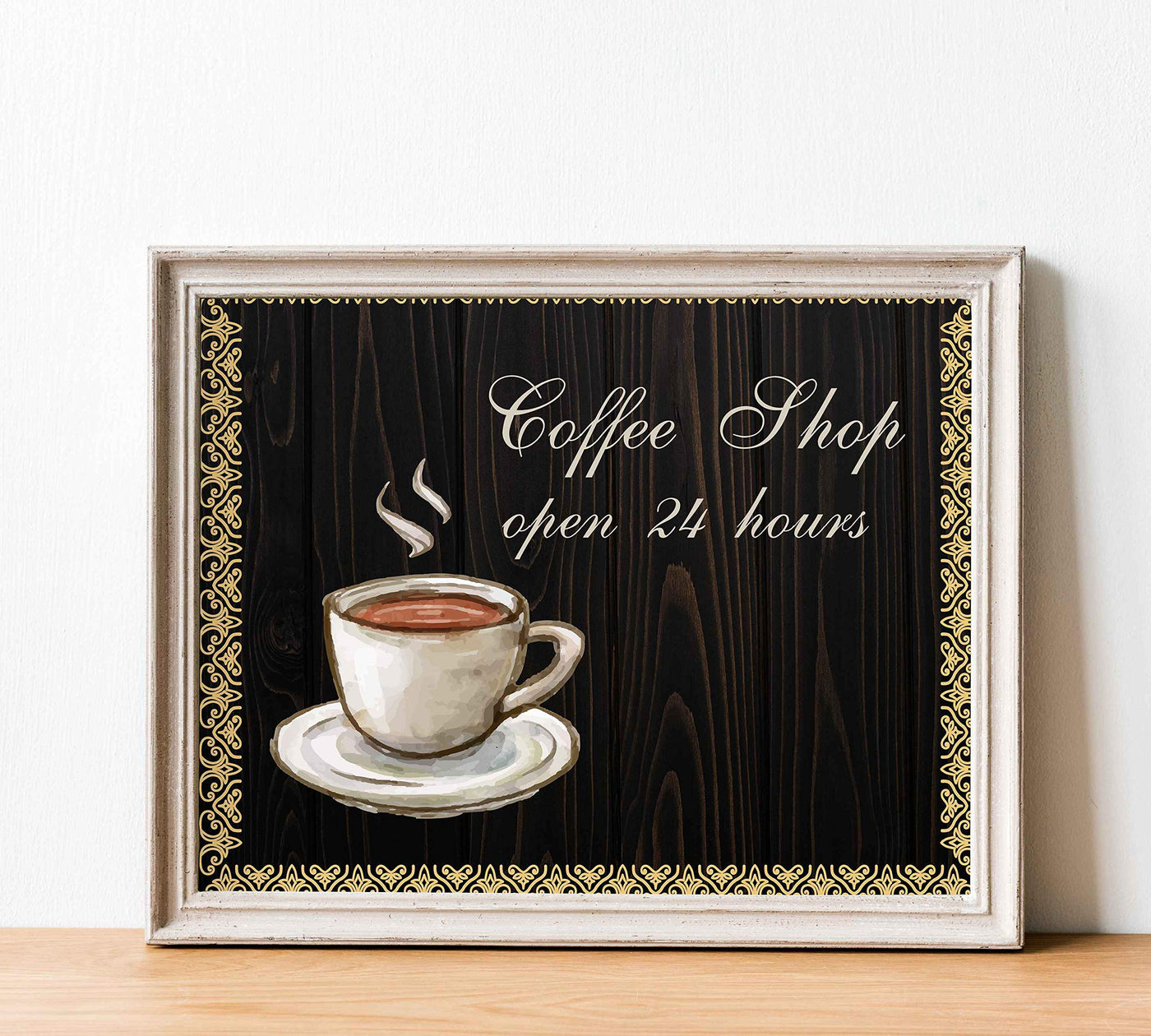 Coffee Shop-Open 24 Hours Vintage Coffee Wall Art Sign -10 x 8" Retro Poster Print-Ready to Frame. Perfect Wall Decor for Home-Kitchen-Farmhouse-Office-Cafe-Java Bar. Great Gift for Coffee Lovers!
