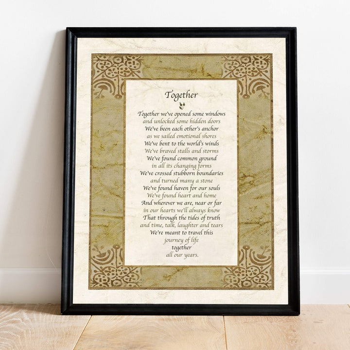 Together-Poetic Wall Art -11 x 14" Love and Marriage Poem Print w/Distressed Parchment Design-Ready to Frame. Perfect for Spouse-Newlywed-Life Partners. Great Wedding-Anniversary Gift for Couples!