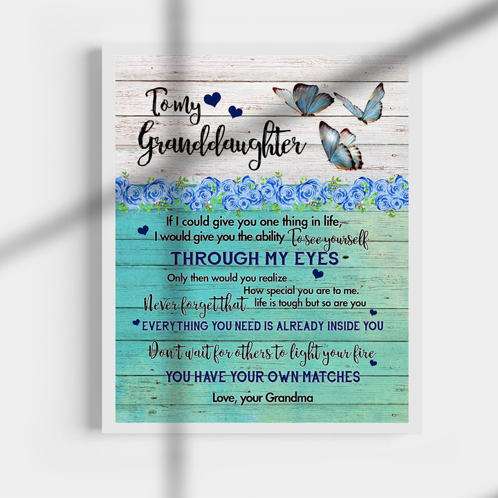 To My Granddaughter - Love Grandma Inspirational Love &amp; Family Wall Sign -11 x 14" Floral Butterfly Art Print w/Heart Images -Ready to Frame. Home-Bedroom Decor. Keepsake Gift for Teens &amp; Girls!