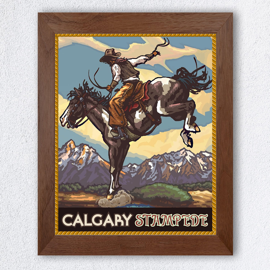 "Calgary Stampede" Cowboy Riding Horse Wall Art Sign -8 x 10" Country Rustic Rodeo Poster Print -Ready to Frame. Home-Office-Farmhouse Decor. Perfect Gift for All Cowboys &amp; Cowgirls!