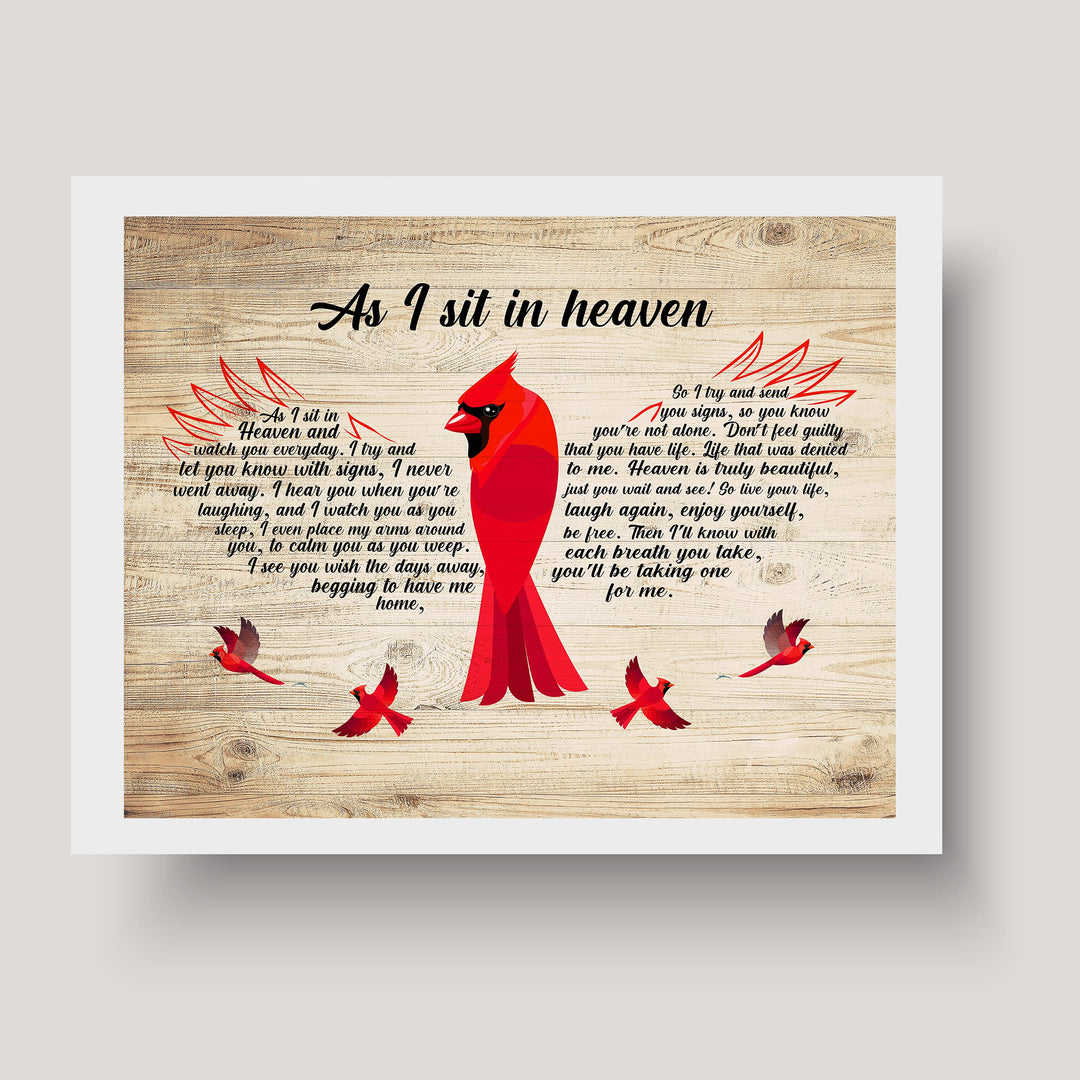 As I Sit In Heaven-Inspirational Cardinal Wall Art-8 x 10" Memorial Word Art Print on Replica Wood Design-Ready to Frame. Christian Home-Office-Spiritual-Remembrance Decor. Printed on Photo Paper.