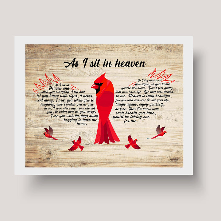 As I Sit In Heaven-Inspirational Cardinal Wall Art-8 x 10" Memorial Word Art Print on Replica Wood Design-Ready to Frame. Christian Home-Office-Spiritual-Remembrance Decor. Printed on Photo Paper.