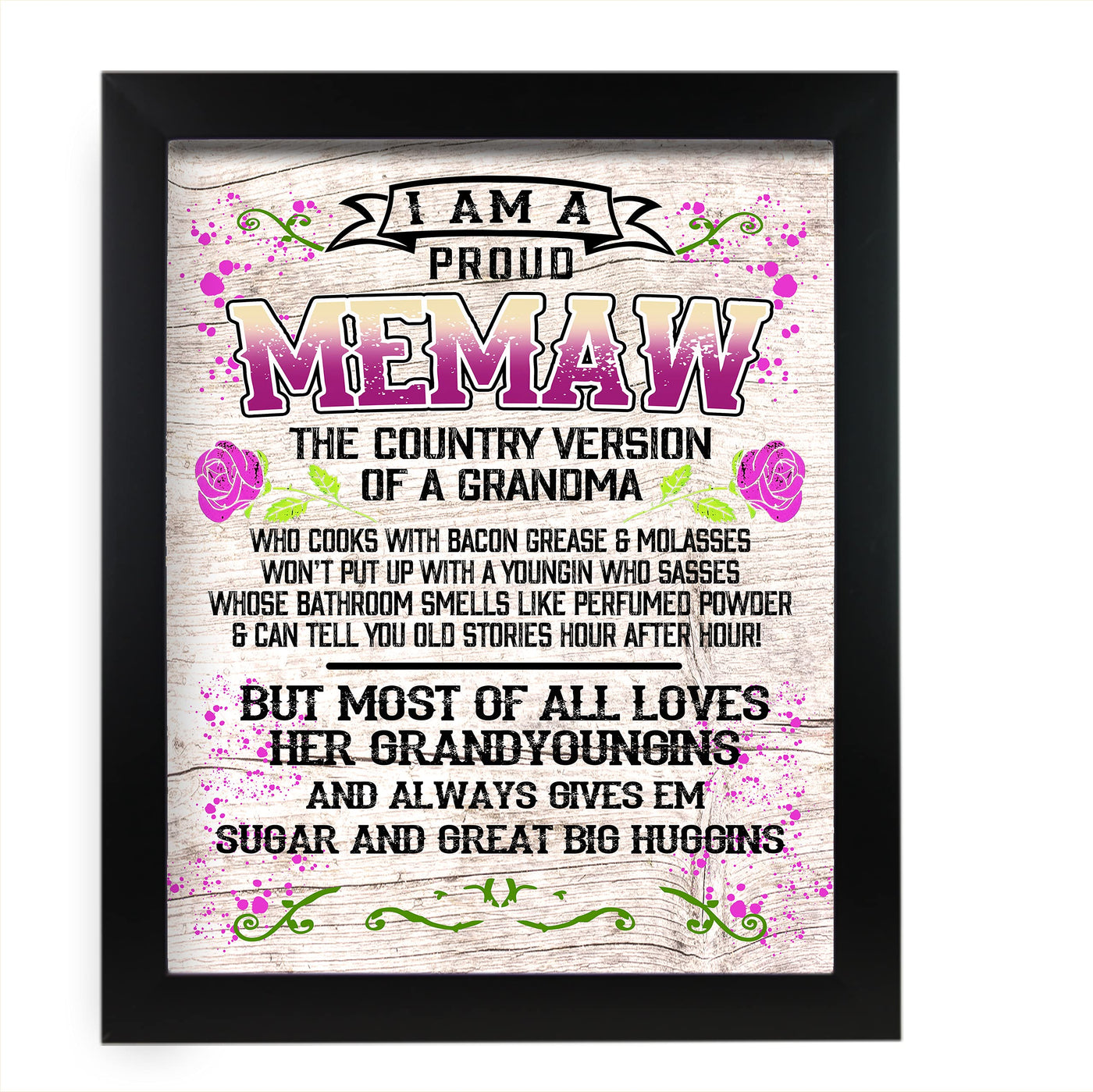 Proud Memaw-Country Version of Grandma Rustic Floral Wall Art -11 x 14" Decorative Farmhouse Print-Ready to Frame. Funny Home-Office-Welcome Decor. Great Gift for Grandmas! Printed on Photo Paper.