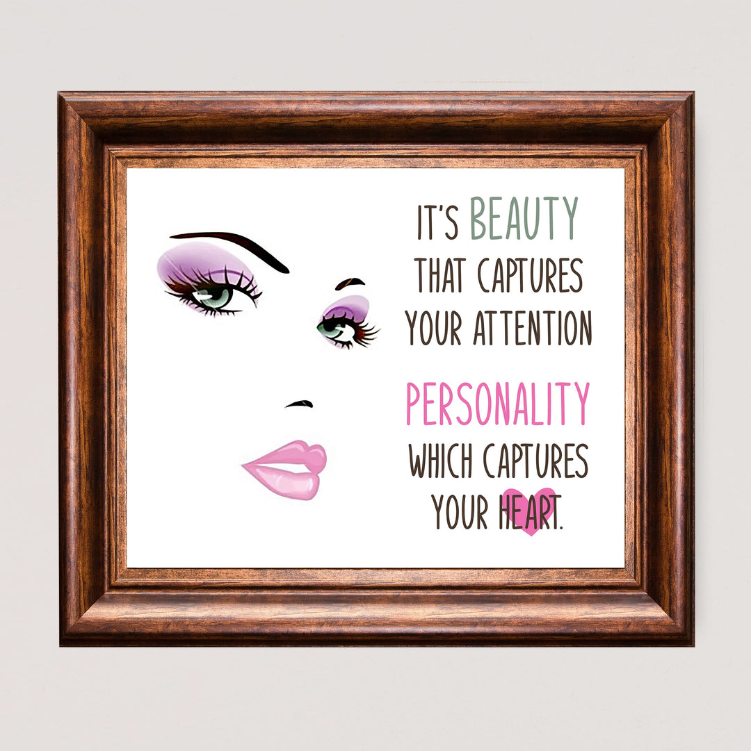 Beauty Captures Your Attention- Inspirational Quotes Wall Art -10 x 8" Makeup Face Silhouette Print -Ready to Frame. Home-Girls Bedroom-Studio-Salon Decor. Inspire Confidence in Teens &amp; Women!