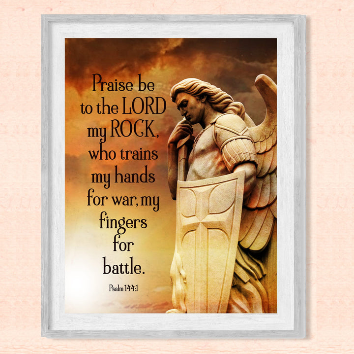 Praise Be to the Lord, My Rock-Bible Verse Wall Art-8 x 10" Scripture Print w/Angel Warrior Image-Ready to Frame. Christian Decor for Home-Office-Church. Great Religious Gift of Faith! Psalm 144:1
