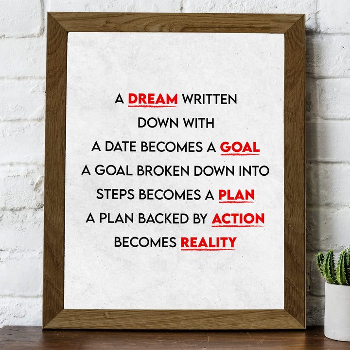 A Dream Becomes A Goal-Motivational Quotes Wall Decor -8 x 10" Modern Typographic Art Print -Ready to Frame. Home-Office-Classroom-Dorm-Gym Decor. Perfect Desk Sign! Great Inspirational Gift!