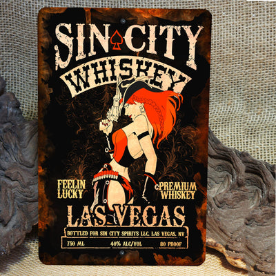 Sin City Whiskey Metal Wall Art Vintage Sign -8 x 12" Funny Retro Beer & Alcohol Pinup Sign for Bar, Man Cave, Garage, Pub. Rustic Tin Sign for Home-Patio-Beach House Decor! Great for Vegas Fans!