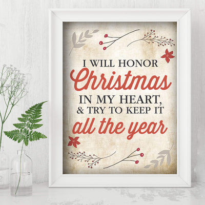 I Will Honor Christmas In My Heart Inspirational Holiday Wall Art -8 x 10" Christmas Carol Quote Print-Ready to Frame. Festive Home-Welcome-Farmhouse-Winter Decor. Great Gift for Dickens Fans!