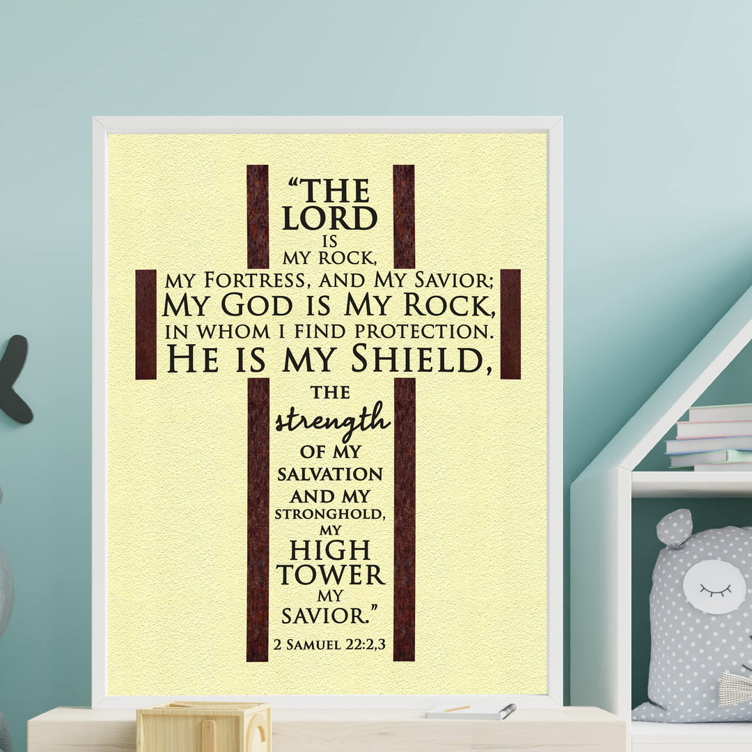 The Lord Is My Rock, My Savior-Bible Verse Wall Art -11 x 14" Rugged Cross - Christian Word Art -Scripture Wall Print-Ready to Frame. Home-Office-Church-Religious Decor. 2 Samuel 22:2-3. (XLarge)