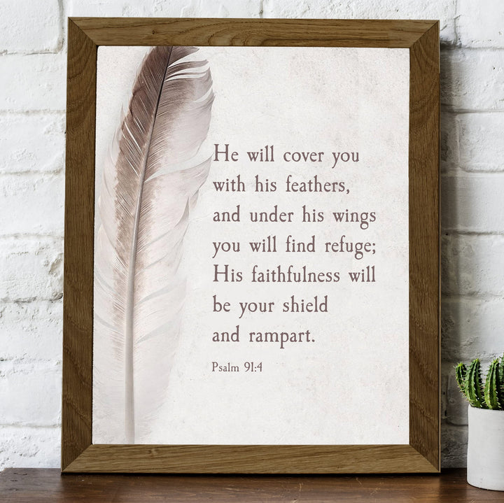 Psalm 91:4-"He Will Cover You With His Feathers"-Bible Verse Wall Art -8 x 10" Scripture Print w/Feather Image-Ready to Frame. Christian Decor for Home-Office-Church. Great Religious Gift of Faith!