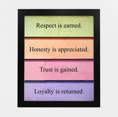 Respect Is Earned-Trust Is Gained Inspirational Life Quotes Wall Art-8 x 10" Typographic Print w/Replica Distressed Design-Ready to Frame. Rustic Home-Office-School Decor. Great Motivational Gift!