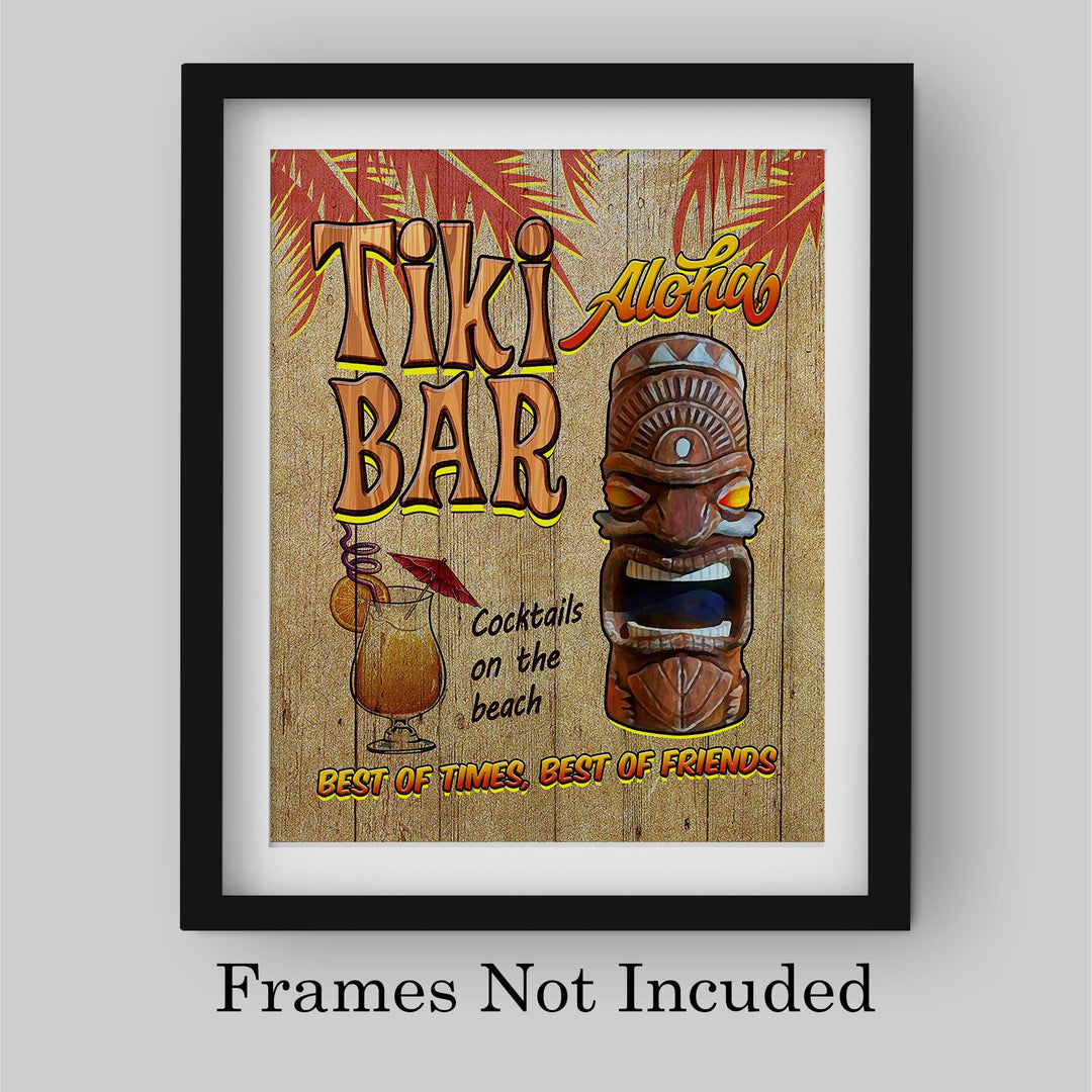 Tiki Bar-Cocktails on the Beach Funny Hawaiian Themed Sign -8 x 10" Tropical Wall Art Print w/Replica Wood Design-Ready to Frame. Fun Home-Pool-Beach House-Ocean Decor. Printed on Photo Paper.