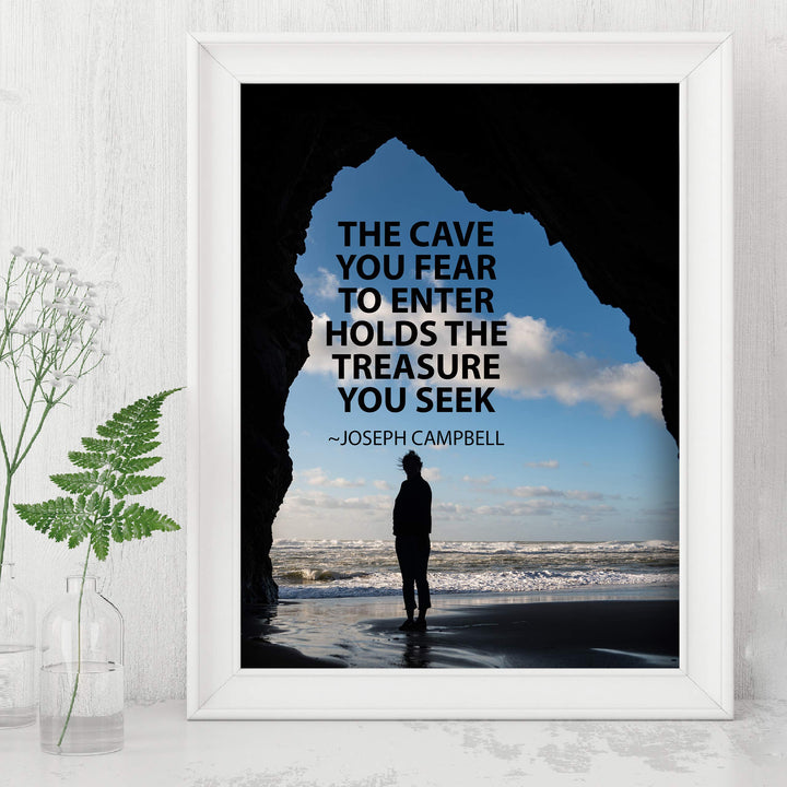 Cave You Fear to Enter Holds Treasure You Seek-Joseph Campbell Quotes Wall Sign -8 x 10" Inspirational Wall Art Print-Ready to Frame. Modern Typographic Design. Home-Office-School-Motivation Decor.