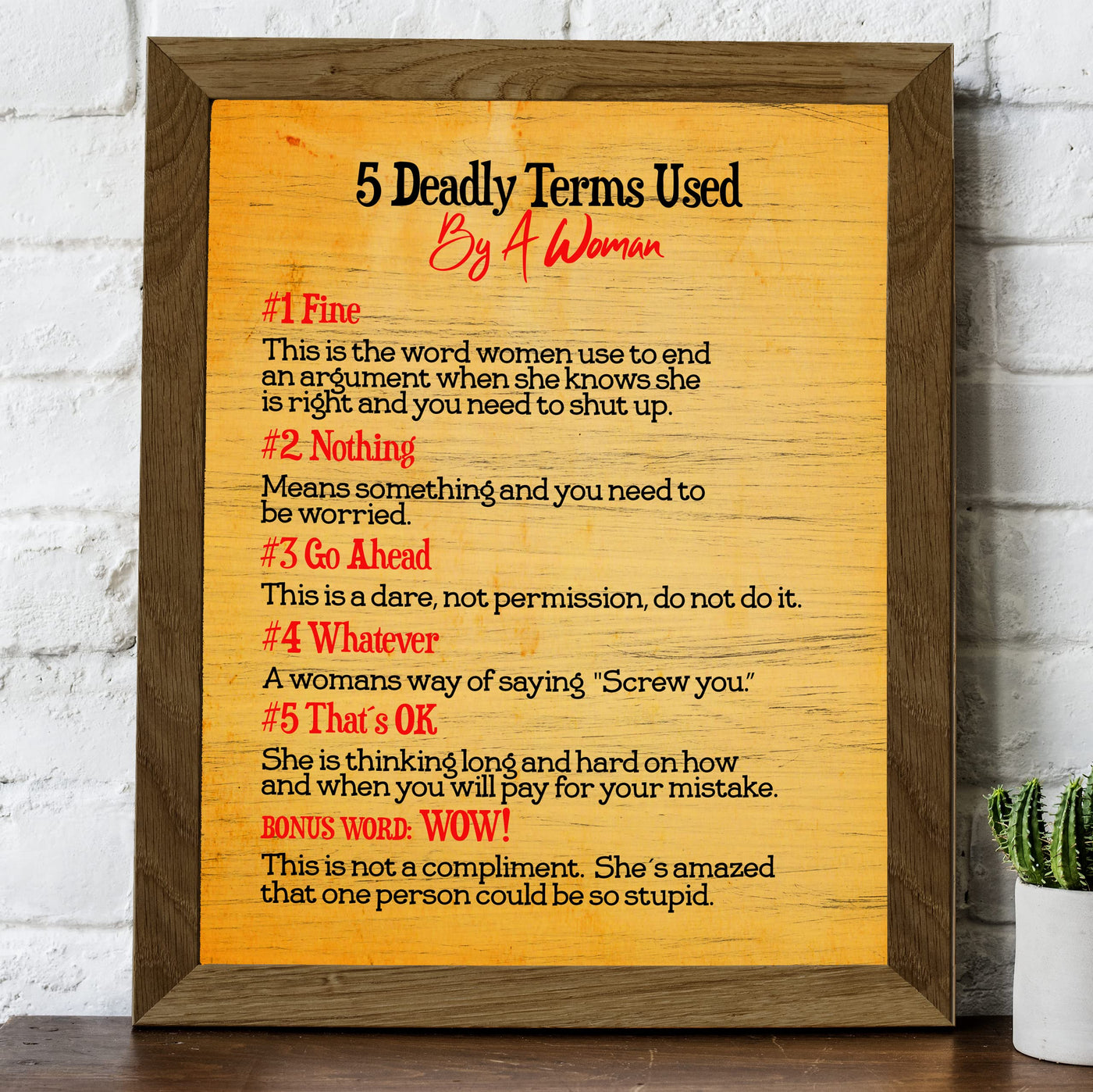 5 Deadly Terms Used By a Woman Funny Wall Decor -8 x 10" Sarcastic Typographic Art Print -Ready to Frame. Rustic Design. Humorous Home-Office-Bar-Shop-Man Cave Decor. Great Novelty Sign & Fun Gift!