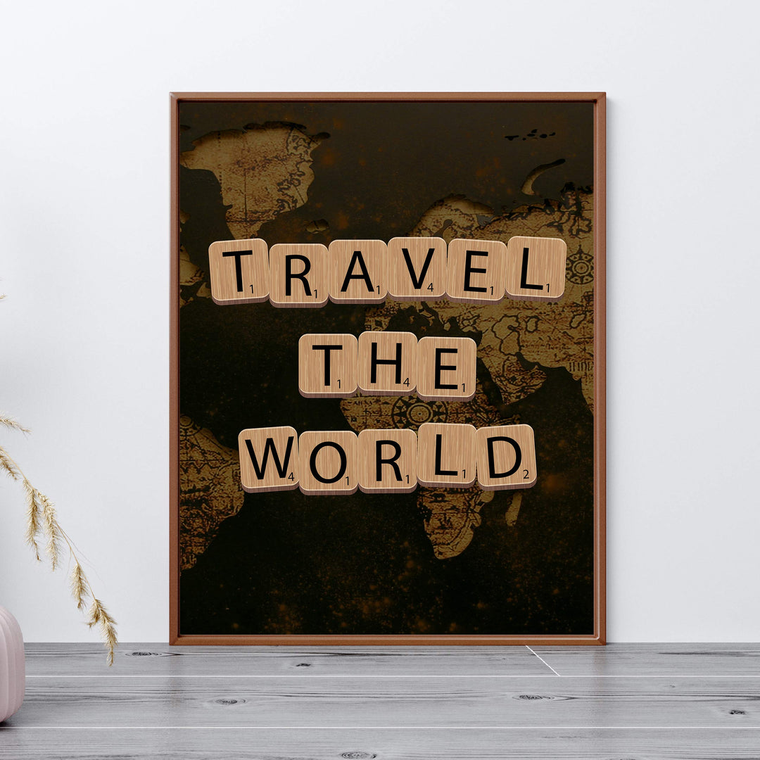 Travel the World Quotes-Map Print -11 x 14" Scrabble Piece Wall Art Print-Ready to Frame. Inspirational Home-Office-School-Library Decor. Funny Gift for Travelers &amp; Companions. Road Trip!