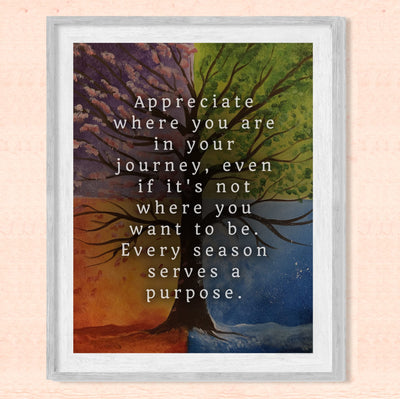 Appreciate Where You Are In Your Journey Inspirational Quotes Wall Art -8 x 10" Motivational Four Seasons Tree Print -Ready to Frame. Home-Office-School-Library Decor. Great Gift for Inspiration!