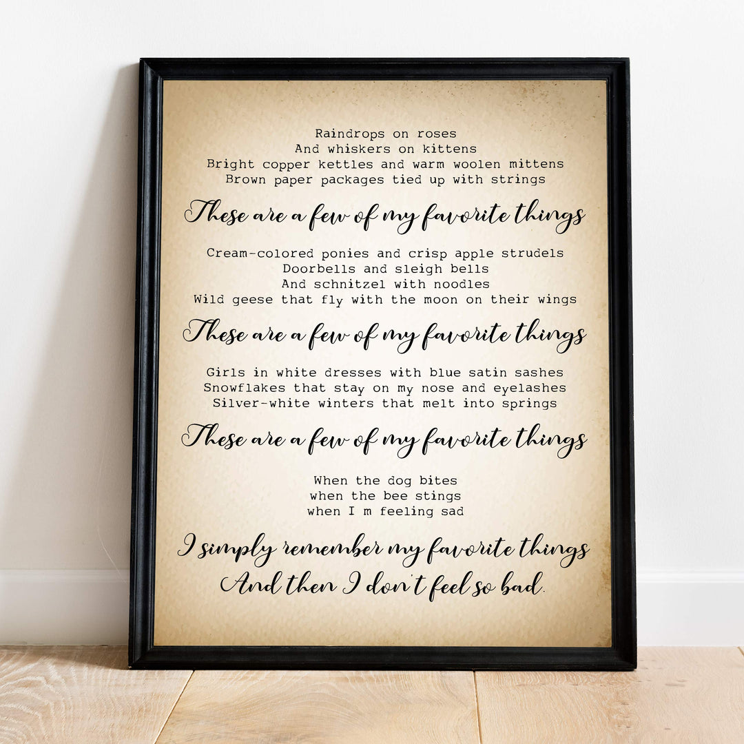 These Are a Few of My Favorite Things-Song Lyric Wall Art Sign-11 x 14" Typographic Musical Poster Print-Ready to Frame. Ideal for Home-Office-Studio-School. Perfect Nursery-Kids Bedroom Decor!