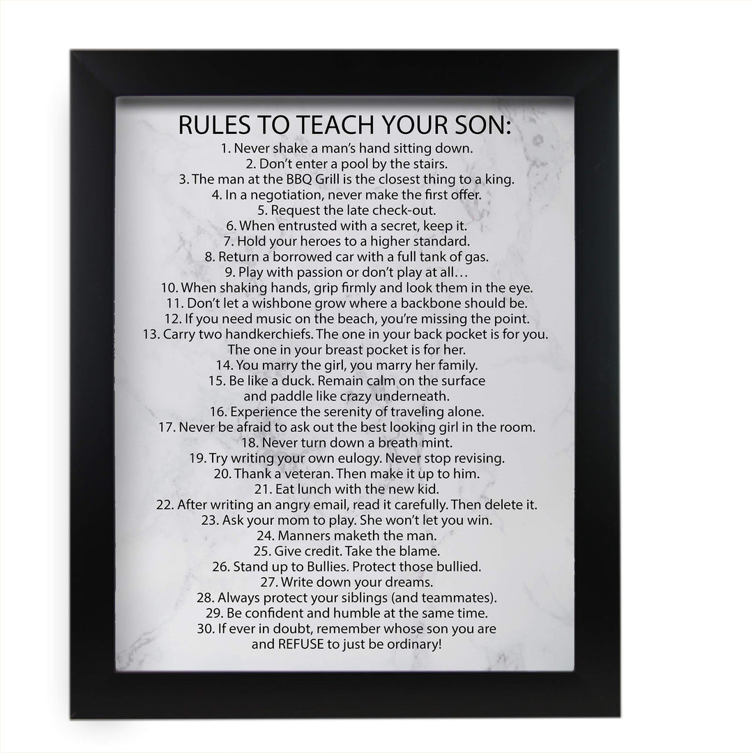Rules To Teach Your Son Motivational Family Wall Art Sign -11 x 14" Modern Typographic Wall Decor-Ready to Frame. Fun &amp; Inspirational Keepsake for Any Son. Great Graduation Gift!