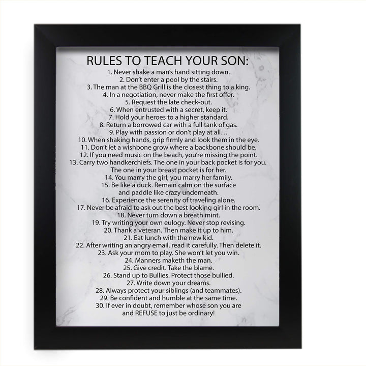 Rules To Teach Your Son Motivational Family Wall Art Sign -11 x 14" Modern Typographic Wall Decor-Ready to Frame. Fun &amp; Inspirational Keepsake for Any Son. Great Graduation Gift!