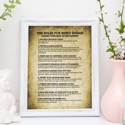 The Rules for Being Human Motivational Quotes Wall Sign-11 x 14" Inspirational Distressed Poster Print-Ready to Frame. Positive Home-Office-School-Studio Decor. Perfect Life Lessons for All!