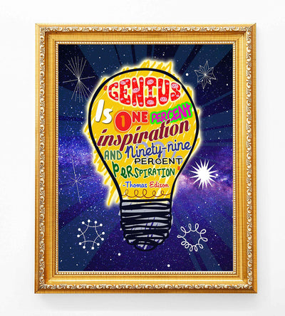 Thomas Edison-"Genius-1% Inspiration-99% Perspiration"-Motivational Quotes Wall Sign-8 x 10" Starry Night Print w/Artistic Light Bulb Image-Ready To Frame. Inspirational Home-Office-Classroom Decor!