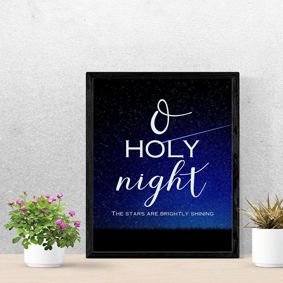 O Holy Night Christmas Song Wall Art -11 x 14" Christian Holiday Poster Print-Ready to Frame. Typographic w/Starry Night Design. Home-Welcome-Kitchen-Farmhouse Decor. Great Religious Gift!