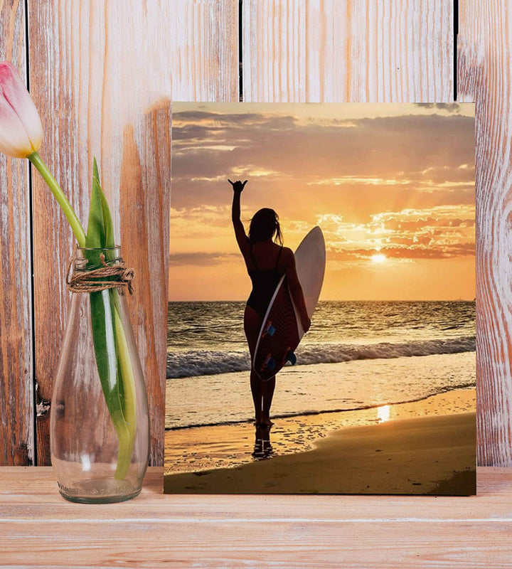 Mahala Surfer Girl-"Hang Loose"-Beach Sunset Image-8 x 10" Wall Art Print-Ready to Frame. Modern Home-Office-Studio-Beach House D?cor. Perfect Wall Print for Beach, Ocean and Surfing Themes!
