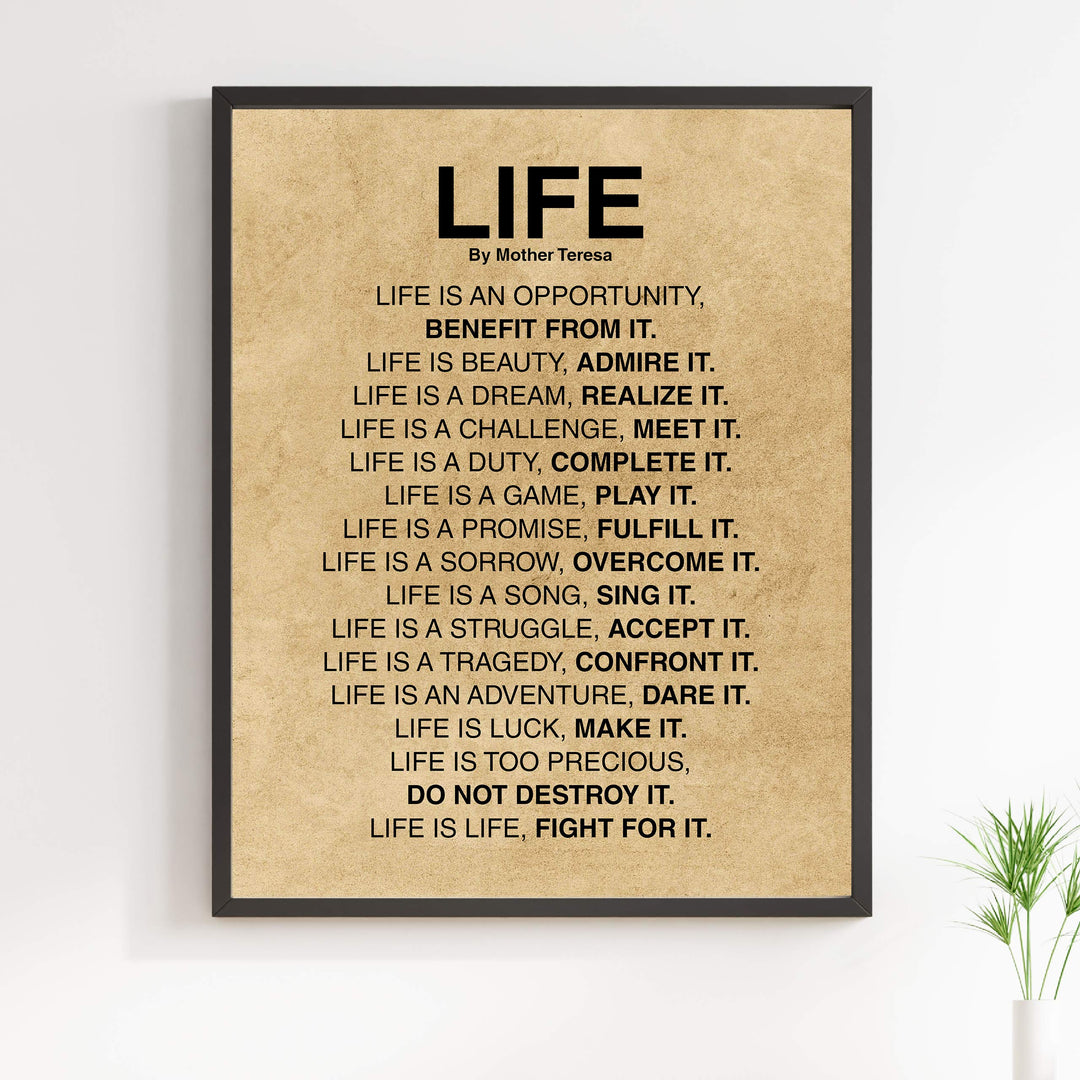 Mother Teresa Quotes-"Life Is."-Inspirational Wall Art -11x14" Distressed Parchment Print-Ready to Frame. Christian Decor for Home-Studio-Office-School Decor. Perfect Life Lessons for All!