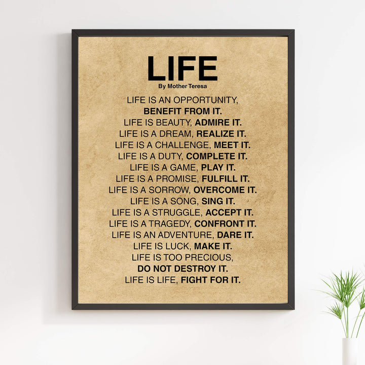 Mother Teresa Quotes-"Life Is."-Inspirational Wall Art -11x14" Distressed Parchment Print-Ready to Frame. Christian Decor for Home-Studio-Office-School Decor. Perfect Life Lessons for All!
