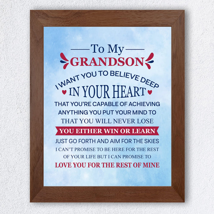 "To My Grandson - Win or Learn" Inspirational Love &amp; Family Wall Decor -8 x 10" Rustic Typographic Art Print -Ready to Frame. Home-Living Room-Office Decoration. Perfect Gift for Grandsons!