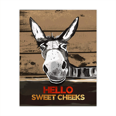 Hello Sweet Cheeks-Funny Bathroom Wall Sign -8 x 10" Country Rustic Donkey Art Print w/Replica Wood Design-Ready to Frame. Humorous Decor for Home-Office-Guest Bathroom! Printed on Photo Paper.