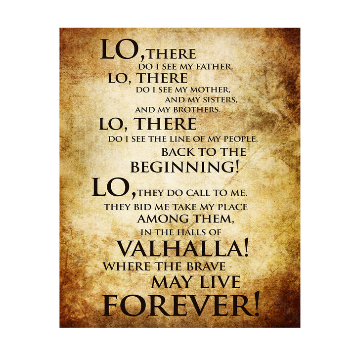 Valhalla-Where the Brave May Live Forever Viking Song Art Wall Sign -11 x 14" Rustic, Old World Art Print-Ready to Frame. Nordic Spiritual Sign for Home-Office-Bar-Man Cave-Pub Decor. Great Gift!