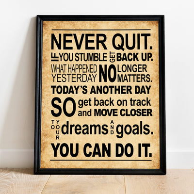 Never Quit-Get Back Up Motivational Quotes Wall Art Sign -11 x 14" Inspirational Exercise and Fitness Poster Print -Ready to Frame. Perfect Home-Gym-Weight Room Decor. Great Gift of Motivation!