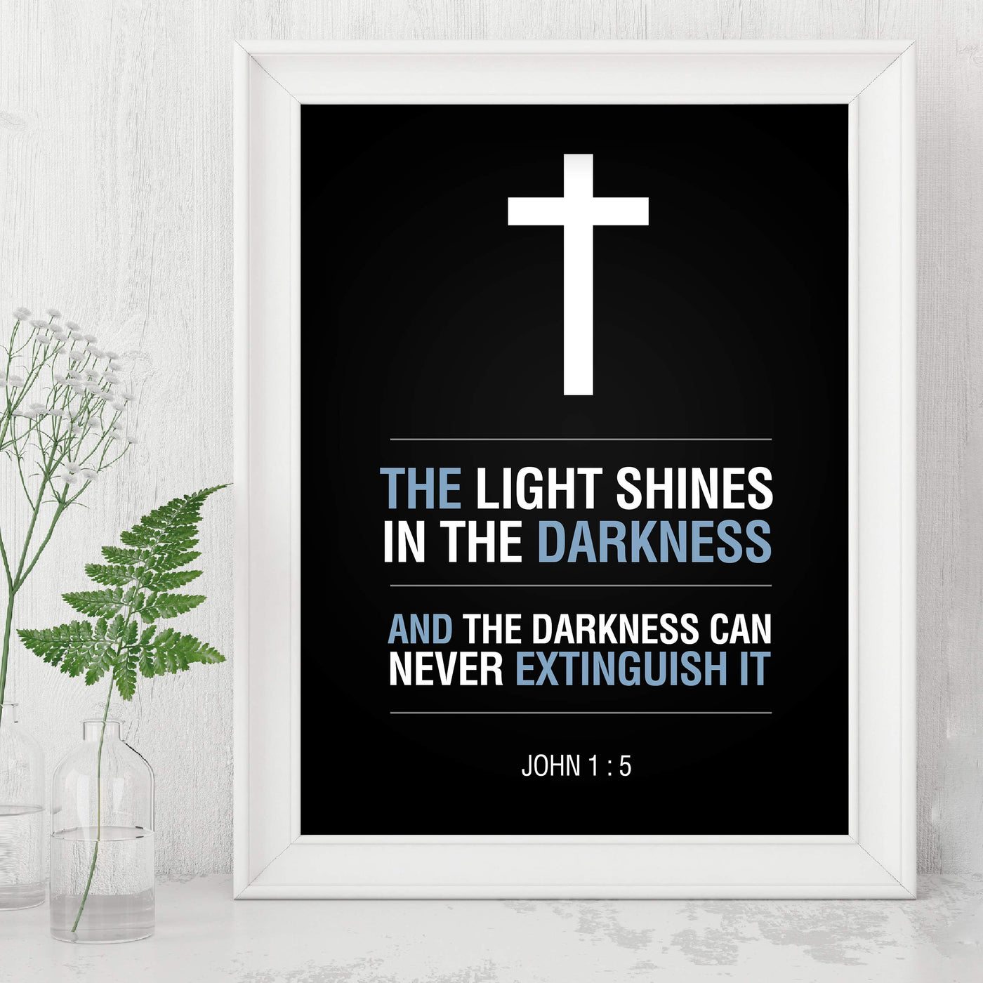 John 1:5-"The Light Shines in the Darkness"-Bible Verse Wall Art Sign-8 x 10" Scripture Poster Print with Cross Image-Ready to Frame. Religious Home-Office-Church D?cor. Perfect Christian Gift!