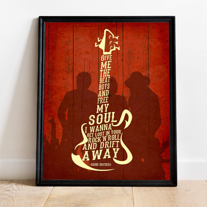 Give Me the Beat Boys &amp; Free My Soul-Song Lyrics Wall Art -11 x 14" Rock Music Print w/Guitar Word Art-Ready to Frame. Retro Home-Office-Studio-Bar-Cave Decor. Perfect for Doobie Brothers Fans!
