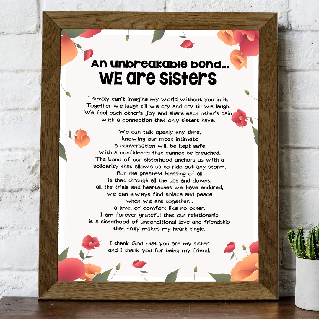 We Are Sisters Inspirational Poem Wall Art -8 x 10" Floral Poster Print-Ready to Frame. Modern Typographic Design. Perfect Home-Office-Studio Decor. Loving, Keepsake Gift for All Sisters!